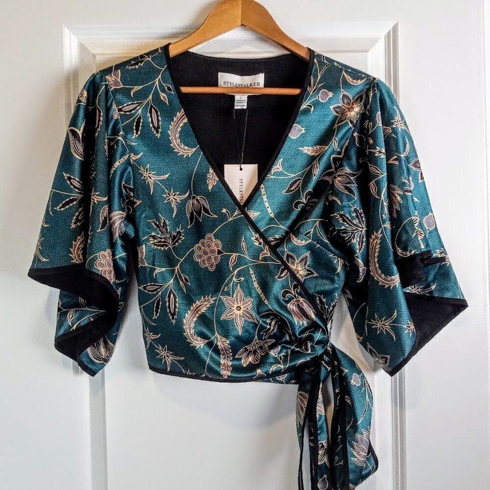 Stylestalker Teal Floral Luna Tie Waist Crop Top NWT